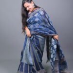 Indigo Blue Batik & Chevron Printed Chanderi Silk Saree with Zari Border