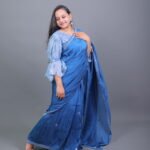 Royal Blue Shimmer Saree with Ruffle Sleeve Blouse