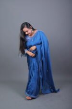 Royal Blue Shimmer Saree with Ruffle Sleeve Blouse - Image 2