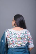 Teal Blue Satin Silk Embroidered Border Saree - Image 4