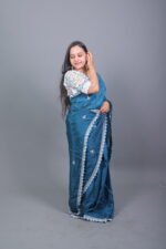 Teal Blue Satin Silk Embroidered Border Saree - Image 3