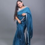 Teal Blue Satin Silk Embroidered Border Saree