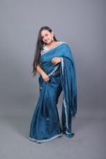 Teal Blue Satin Silk Embroidered Border Saree