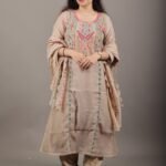 Beige Chanderi Kurta Set with Scalloped Dupatta