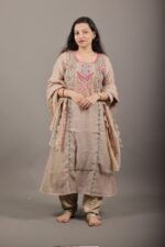 Beige Chanderi Kurta Set with Scalloped Dupatta