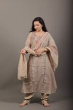 Beige Chanderi Kurta Set with Scalloped Dupatta - Image 2