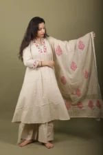 Beige Cotton Anarkali Kurta Set with Block Print Dupatta - Image 4