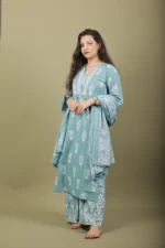 Teal Block Print Cotton Kurta Set with Mirror Placket - Image 2