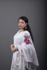 Ivory Linen Kurta Set with Rose Print and Pearl Lace - Image 4