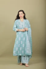 Teal Block Print Cotton Kurta Set with Mirror Placket - Image 4