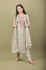 Grey Green Kurta Set with Geometric Mirror Embroidery - Image 2