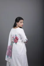 Ivory Linen Kurta Set with Rose Print and Pearl Lace - Image 3