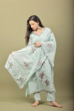 Mint Green Kurta Set with Gold Sequin Leaf Embroidery - Image 4