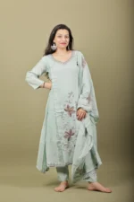 Mint Green Kurta Set with Gold Sequin Leaf Embroidery - Image 3