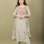 Grey Green Kurta Set with Geometric Mirror Embroidery