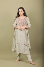 Grey Green Kurta Set with Geometric Mirror Embroidery