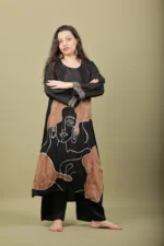 Black Silk Kurta Set with Hand Painted Line Art - Image 2