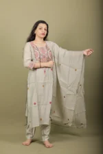 Grey Green Kurta Set with Geometric Mirror Embroidery - Image 3