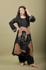 Black Silk Kurta Set with Hand Painted Line Art - Image 3