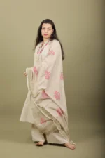 Beige Cotton Anarkali Kurta Set with Block Print Dupatta - Image 3