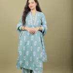 Teal Block Print Cotton Kurta Set with Mirror Placket