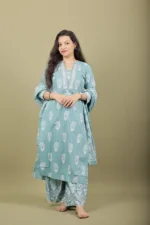 Teal Block Print Cotton Kurta Set with Mirror Placket