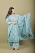 Teal Block Print Cotton Kurta Set with Mirror Placket - Image 3