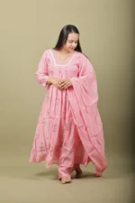 Rose Pink Kurta Set with Pearl and Gold Yoke - Image 3