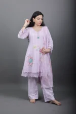 Lilac Cotton Kurta Set with Lace Hem and Floral Appliqué - Image 3