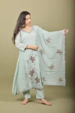 Mint Green Kurta Set with Gold Sequin Leaf Embroidery - Image 2