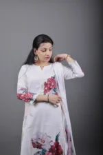 Ivory Linen Kurta Set with Rose Print and Pearl Lace - Image 2