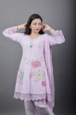 Lilac Cotton Kurta Set with Lace Hem and Floral Appliqué - Image 2